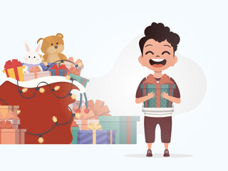 Smiling preschool boy standing and holding a box with a bow. New Year. Cartoon style.