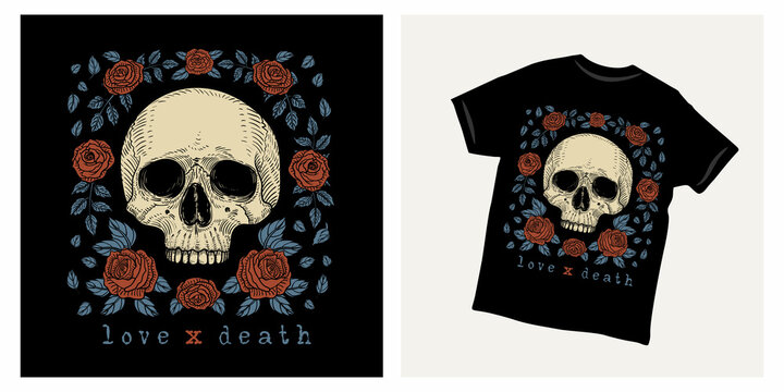 Love and death skull and rose vintage illustration t shirt
