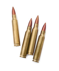 Many bullets on white background, top view. Military ammunition