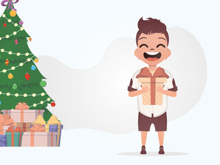 A smiling preschool boy stands and holds a beautiful box in his hands. Christmas. Cartoon style.