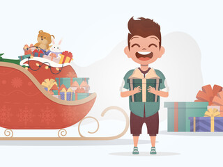 A smiling preschool boy stands and holds a beautiful box in his hands. New Year. Cartoon style.