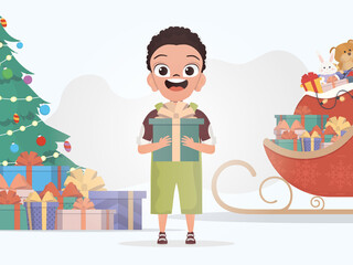 A little boy is holding a gift box. Christmas. Cartoon style.