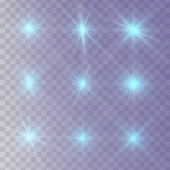 Set of glowing light stars with sparkles. Transparent shining sun, star explodes and bright flash. Blue bright illustration starburst.