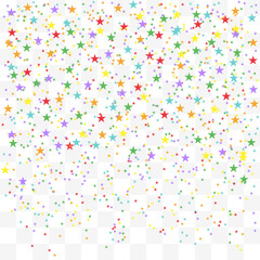 Obraz premium Festive colorful star confetti. Rainbow stars on transparent background. Vector illustration.