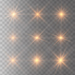 Set of glowing light stars with sparkles. Transparent shining sun, star explodes and bright flash. Gold bright illustration starburst.