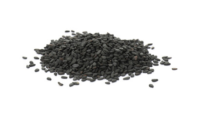 Heap of black sesame seeds on white background