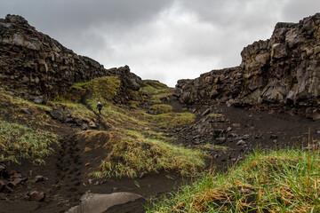 Shot of transcontinental rift and tectonic plates in Iceland