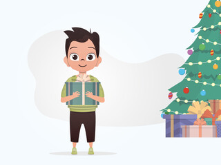 A little boy is holding a gift box in his hands. Christmas. Cartoon style.