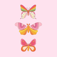 Butterfly Retro 70s 60s Groovy Hippie vector illustration set isolated on white.