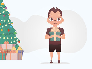 A little boy is holding a beautiful box in his hands. Christmas. Cartoon style.