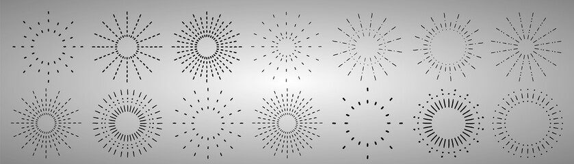 Obraz premium Sunburst set. Vintage sunrise collection. Vector light rays elements. Firework explosion, stars, emblem, logo, tag. Vector Illustration