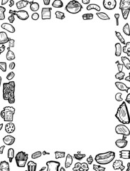 Set of food. Border frame. Baking buns and meat dishes. Hand drawing outline. Isolated on white background. Monochrome drawing. Vector