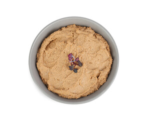 Bowl with delicious liver pate on white background, top view