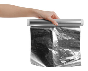 Woman holding roll of aluminum foil on white background, closeup