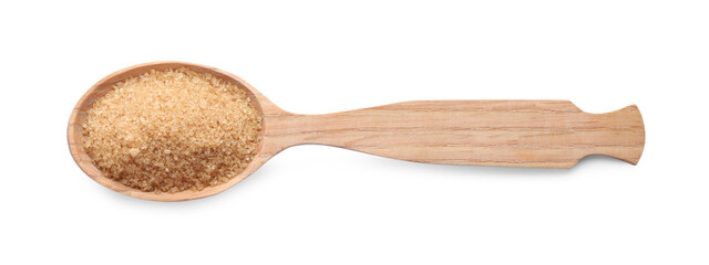 Brown sugar in wooden spoon isolated on white, top view