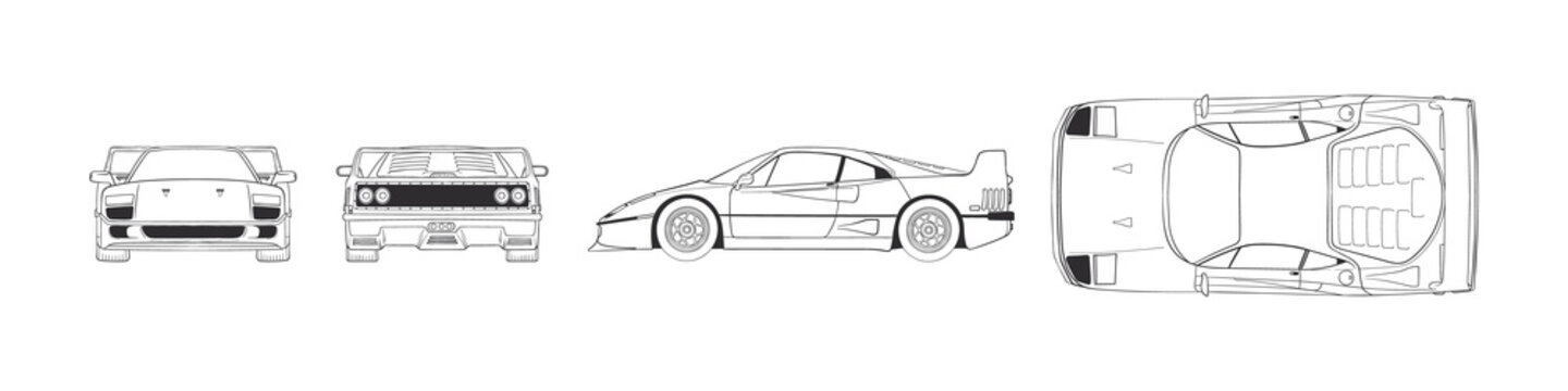 Sport automobile. Hand drawn car front back top and side view. Vector illustration