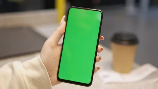 Shopping center. Back view of brunette holding chroma key green screen smartphone watching content. Shopping online. Gadgets and contemporary people concept.