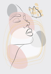 Portrait in one line. A woman's face with a butterfly is abstractly one solid linear portrait. Modern minimalist style illustration for posters, avatars.