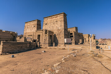 Aswan, Egypt -  November 15, 2021: Ancient temple of Philae in the outskirts of the city of Aswan, Egypt