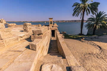 Aswan, Egypt -  November 15, 2021: Ancient temple of Philae in the outskirts of the city of Aswan, Egypt