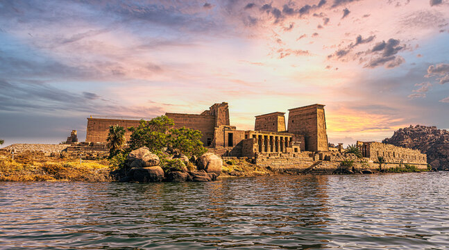 Aswan, Egypt -  November 15, 2021: Ancient temple of Philae in the outskirts of the city of Aswan, Egypt