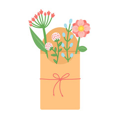 Flowers and leaf in envelope, vector illustration