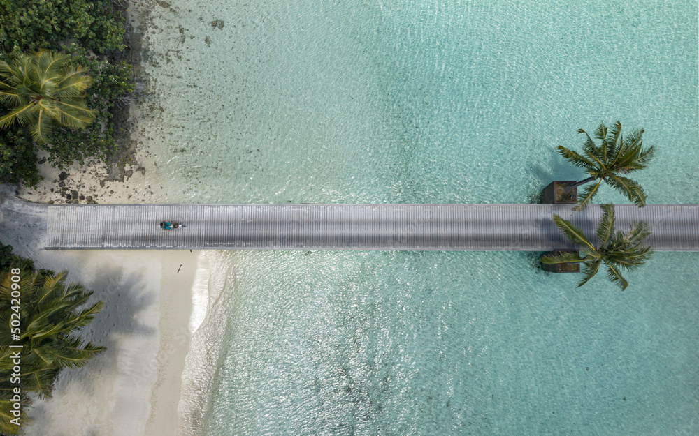 Wall mural Aerial view of a person walking on the wooden deck path on the water