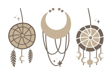 Boho elements set with feather and dreamcatcher.