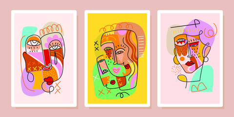 A set of face woman,man,person, portrait abstract vector illustration. Lines,color, contemporary trendy modern background.