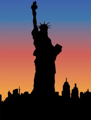 Silhouette illustration of the statue of liberty of the USA on a colorful background © Manjunatha S/Wirestock Creators