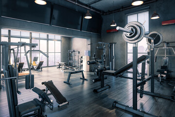 Fototapeta na wymiar Body Building Center With Exercise Machines Integrated Inside a Penthouse Recreation Area - 3D Visualization