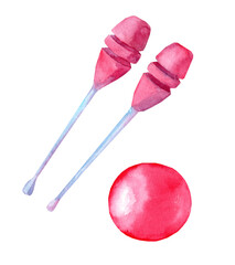 Artistic gymnastic mace and pink ball. Olympic Games. Funny exercise toy. Watercolor illustration.