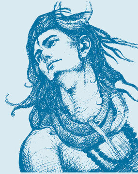 Blue outline illustration of famous god Lord Shiva on a bright background
