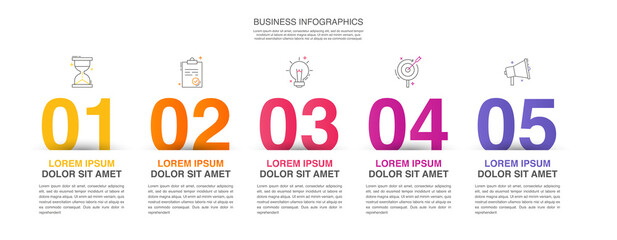 Modern vector flat illustration. Infographic numbers template with five elements, icons. Timeline designed for business, presentations, web design, interface, diagrams with 5 steps