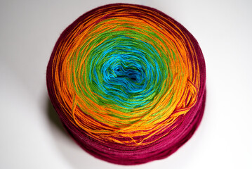 Top view of colorful wool ball with colors red, orange, green and blue. Photo taken May 1st, 2022, Zurich, Switzerland.