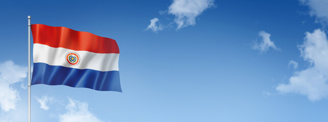 Paraguayan flag isolated on a blue sky. Horizontal banner