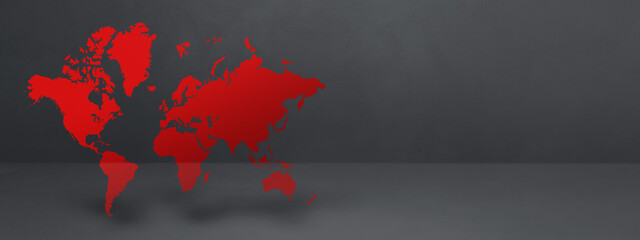 Red world map on black concrete wall background. 3D illustration. Horizontal banner © daboost