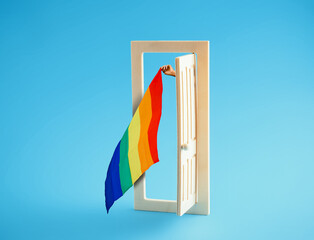 Open door with hand holding waving rainbow flag on blue background.