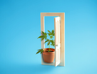 Potted marijuana bush in open door on  blue background. Minimal art poster.