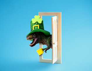 Cute st. Patrick card with dinosaur wearing green hat and holding green ale looks out wooden door...