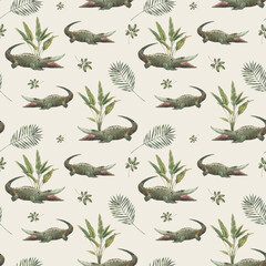 Watercolor crocodile pattern. Safari seamless texture with animals and plants on pastel green background.