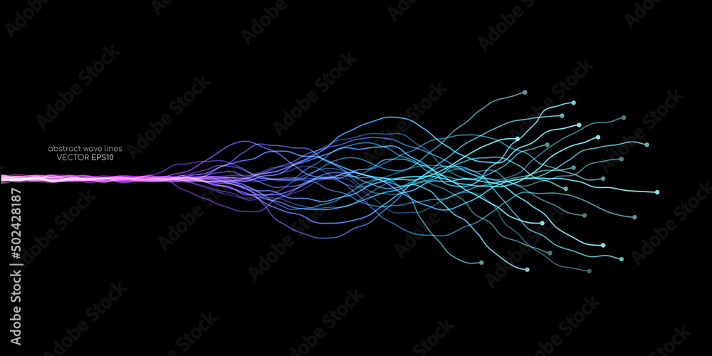 Poster AI Artificial intelligence wave lines neural network purple blue and green light isolated on black background. Vector in concept of technology, machine learning, A.I.