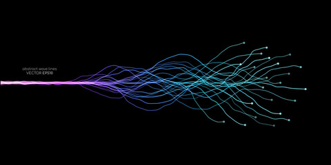 AI Artificial intelligence wave lines neural network purple blue and green light isolated on black background. Vector in concept of technology, machine learning, A.I.
