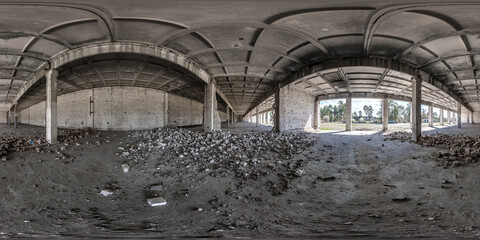 full seamless hdri 360 panorama in old large empty abandoned garage in equirectangular projection, ready AR VR virtual reality content