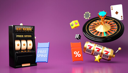 Online casino. 3D realistic roulette wheel and slot machine on lilac background. 777 Big win concept banner casino. Gambling concept design. 3d rendering illustration
