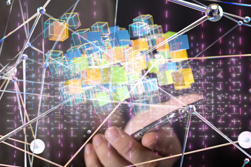 Neural network 3D illustration. Big data and cybersecurity