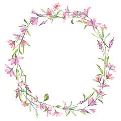 Round floral frame with soft pink wild flowers. Greeting card template with copy space. Watercolor hand painted florals
