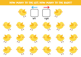 Left or right with cute yellow bird. Logical worksheet for preschoolers.