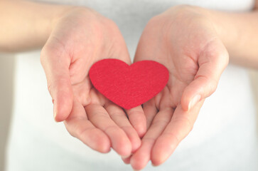 The concept of love, health and world peace. Red heart in female palms.