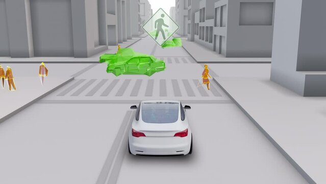 3D Animation of Electric Autonomous Car Computer Vision. Futuristic View of City Streets with Pedestrians and Vehicles. Automobile Dashboard Display. GPS